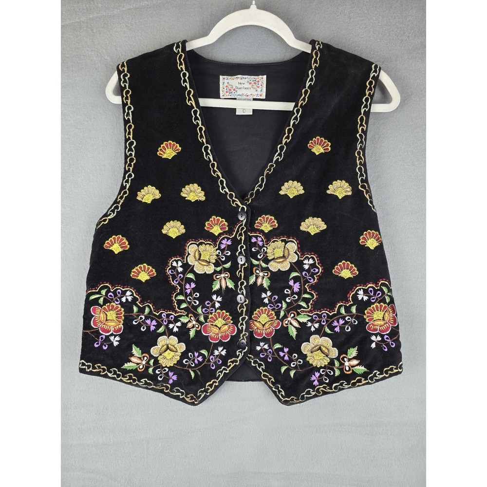 New Directions Vest Women L Black Floral Embroidered Velvet Boho Cottage Western
